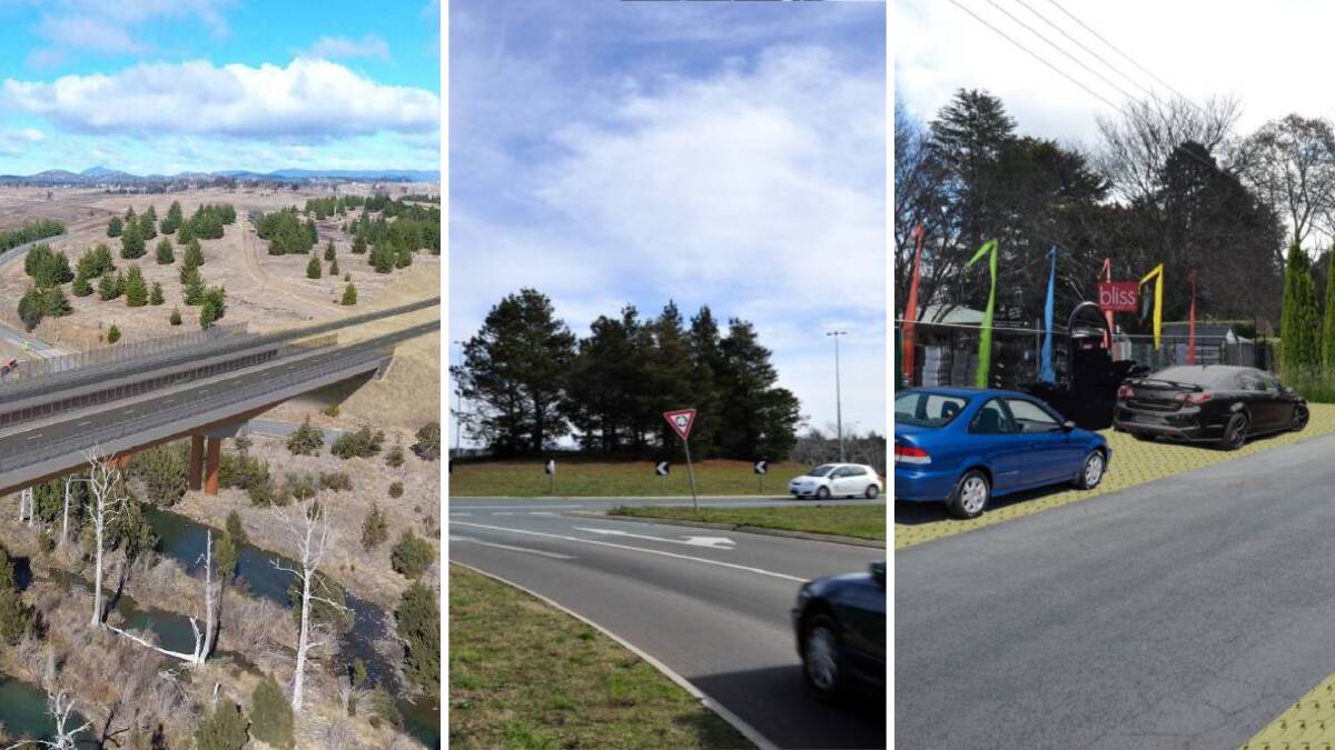 Artist's impressions of the proposed new Molonglo River bridge, left, Gundaroo Road, centre, and an artist's impression of the work planned for Pialligo. Pictures supplied and Jay Cronan