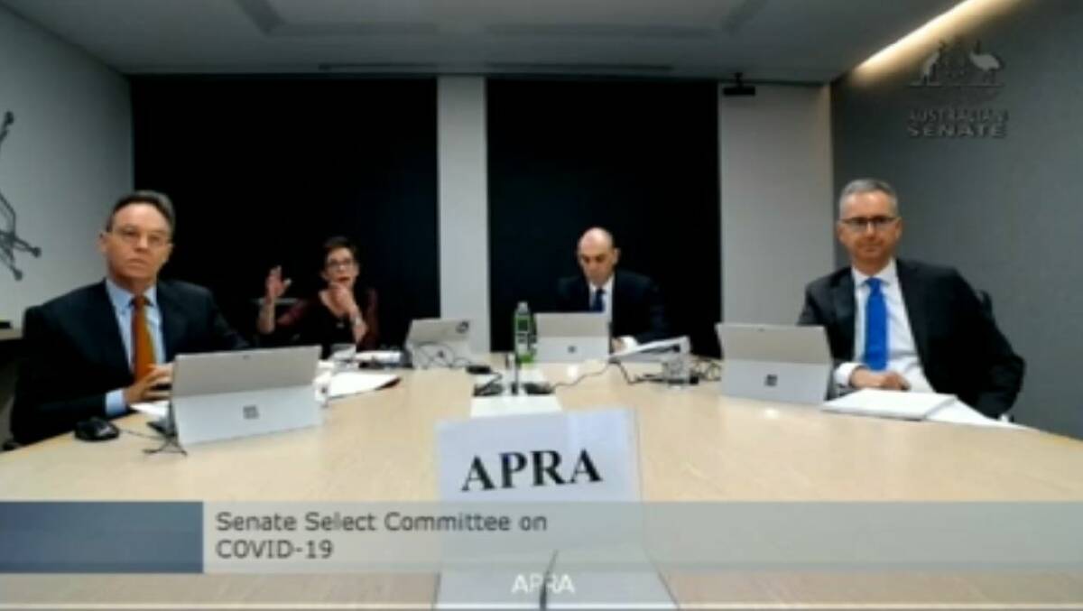 Deputy chairwoman Helen Rowell, second from left, and others at Australian Prudential Regulation Authority give evidence. Picture: Parliament House hearing