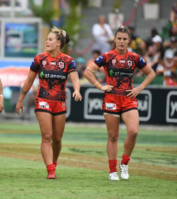 Isabelle Kelly and Jess Sergis will form a dynamic centre pairing for the Dragons this NRLW season. Picture: NRL Imagery