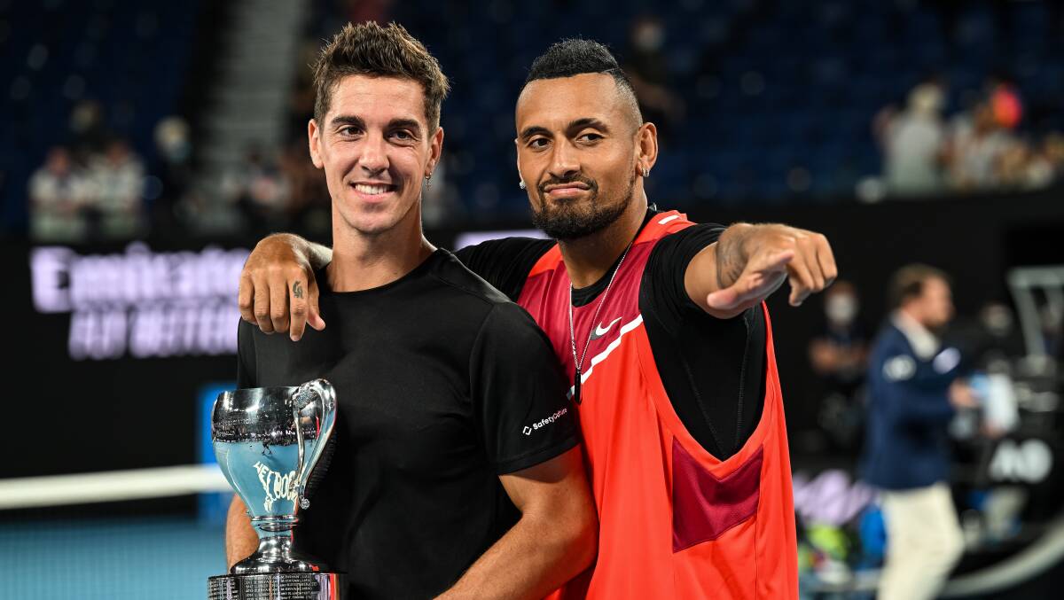 Thanasi Kokkinakis and Nick Kyrgios after their Australian Open doubles win. Picture: Getty