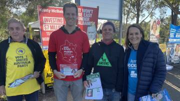 At Pambula Public School where Kristy McBain took 63.93 per cent of the vote on a two candidate preferred basis (from left) Steve Jeffries, Simon Daly, Geoff Ward and Rebecca Fox. Photo Ben Smyth 