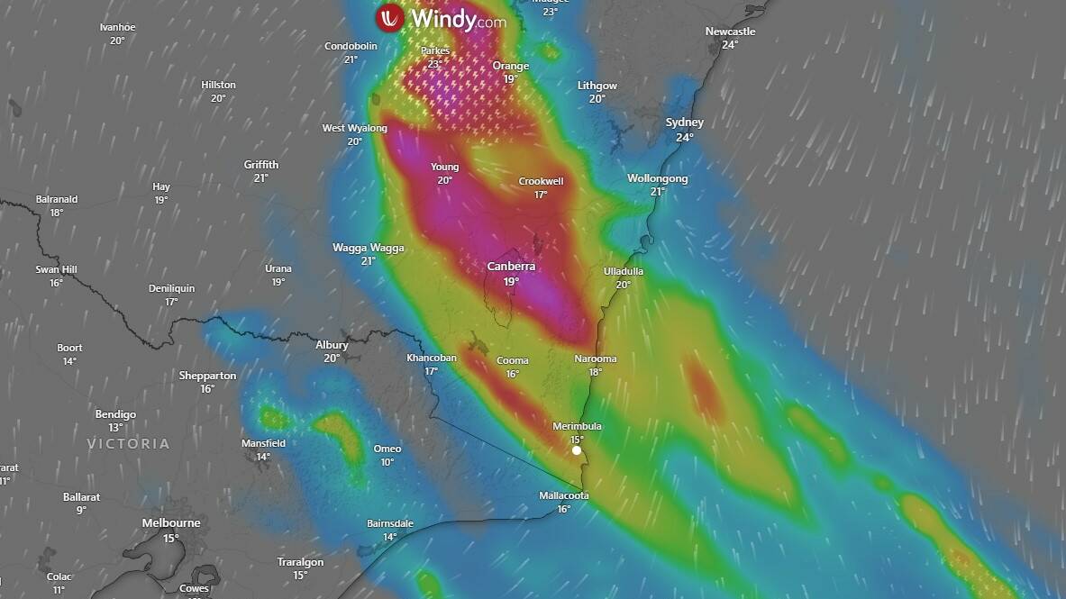 Prediction of how the remnants of ex-tropical cyclone Kirrily will track across the Far South Coast according to weather site Windy.com in the early morning of Tuesday, February 6.