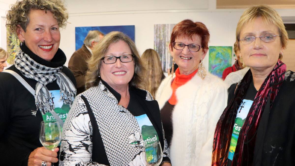 River of Art committee members Di Jay and Lynne Griffiths with the Busking Festival's Sandra Doyle and River of Art chair Robin Scott-Charlton at the River of Art launch in Narooma’s SoART Gallery last Thursday. Photo Rosie Williams.