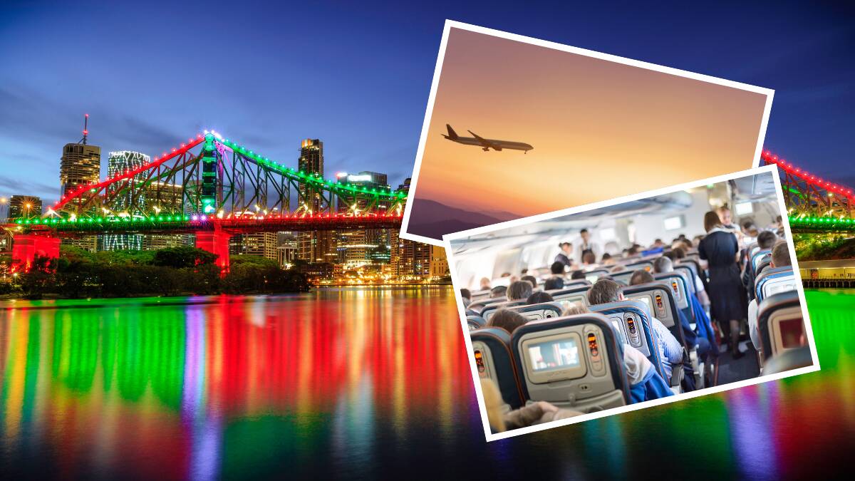 Brisbane River at Christmas (main) with (inset top) a plane flies into the sunset and (inset bottom) an aircraft cabin. Pictures by Shutterstock Brisbane River at Christmas (main) with (inset top) a plane flies into the sunset and (inset bottom) an aircraft cabin. Pictures by Shutterstock