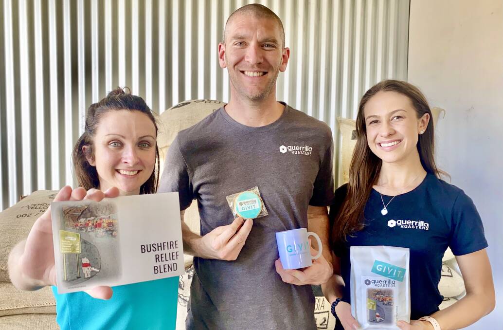GIVIT regional manager Caroline Odgers with Mathew Hatcher and Aymee Wise from Moruya's Guerrilla Roasters. Picture: Supplied 
