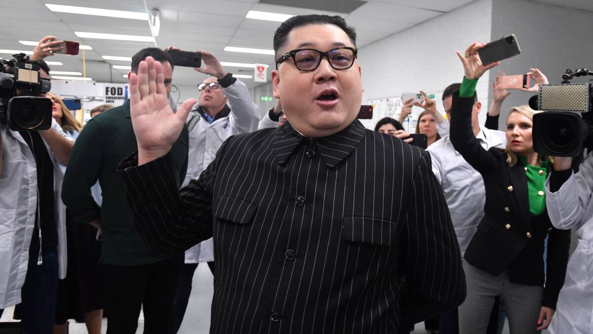Kim Jong-un ... believable! An impersonator on Scott Morrison's campaign trail on Friday. Picture: AAP