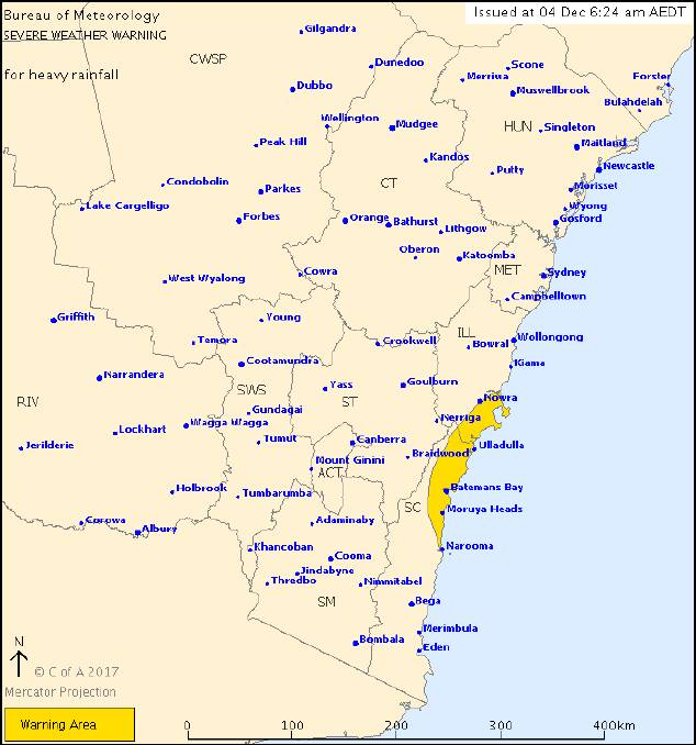 WEATHER WARNING: Severe weather warning issued for parts of Illawarra and South Coast.