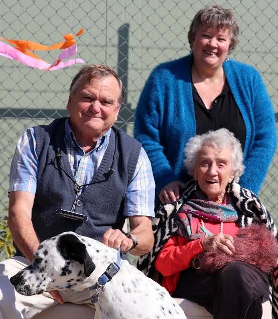 101 REASONS TO CELEBRATE: Sydney tourist Marjory  Kember, 101, visits Monty's Place at Narooma. Pictured with daughter Karen, Monty's musician Brian and his Dalmatian Pat.