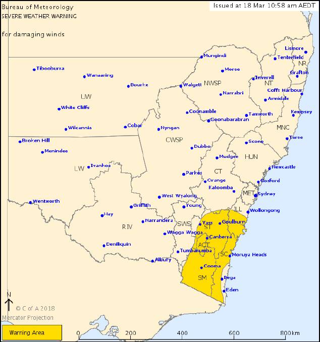 WEATHER WARNING: A severe weather warning has been issued for damaging winds across the Far South Coast on Sunday, March 18. Source: Bureau of Meteorology.