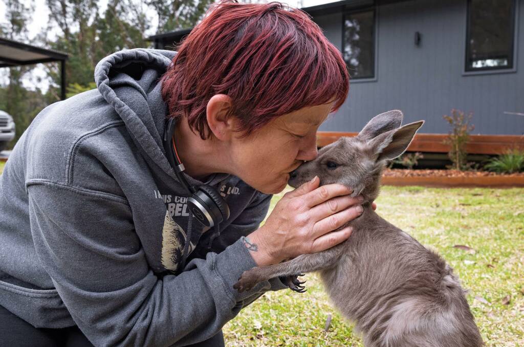 Rae Harvey shows some affection to a young kangaroo in her care. Great Eastern Ranges has been working to help regenerate the animal sanctuary she runs. 