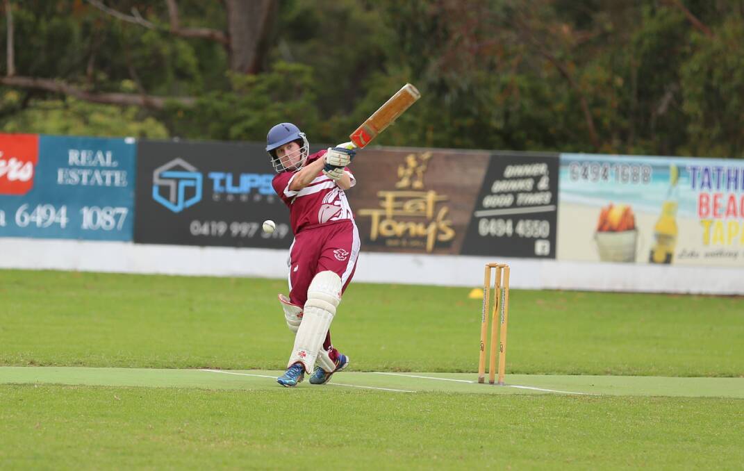 Send it: Sharna Mitchell belts the ball toward the boundary during a good stint with the bat as Tathra took out the women's cricket final on Sunday. 