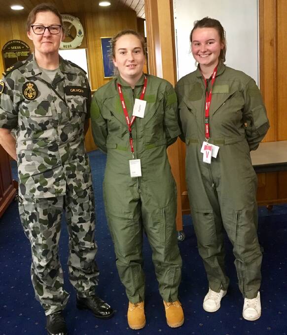 NAVY TRAINING: Course coordinator Leading Seaman Jan Gilmour pictured with Sophie Brown from Narooma and another participant Emily Grace from WA. 