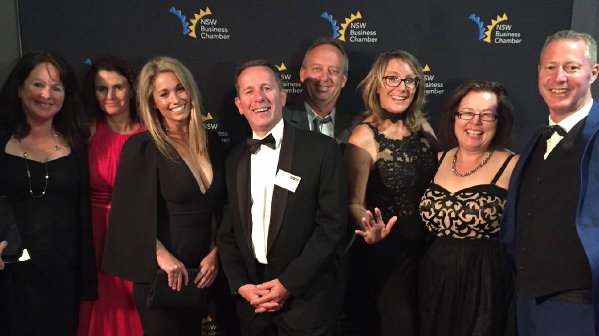 Eurobodalla businesses were represented at the 2016 NSW Tourism Awards and the 2016 Business Chamber Awards last week. At the business awards were (l-r) Council’s Sarah Cooper, Erica Dibden from Tilba Real Dairy, Kendall Layt from KOKOH Bikini, Andrew Greenway from Council, Nic Dibden from Tilba Real Dairy, Mayor Liz Innes, Sharon Piert of Edgewater Gardens, and Steve Picton from Moruya Business Chamber.  
