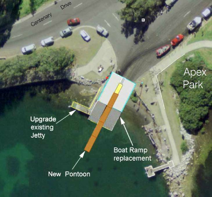 NEW DESIGN: The design for the new Apex Park boat ramp installed in 2015 showing the upgrade to the existing jetty and the new 24m pontoon that sticks out of the widened ramp area. 