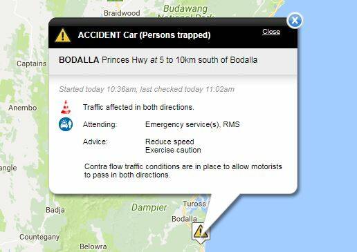 LIVE TRAFFIC: The Live Traffic website is reporting the accident as 10km south of Bodalla. 