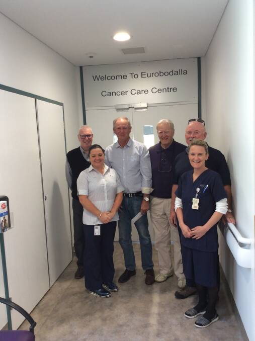 Narooma Skins members at the Oncology Unit included (back) Kevin Cullen, Bill Durnan, Terry Pickles, Greg Ryan with the unit's Tracey Blake and Richelle Matheson. 
