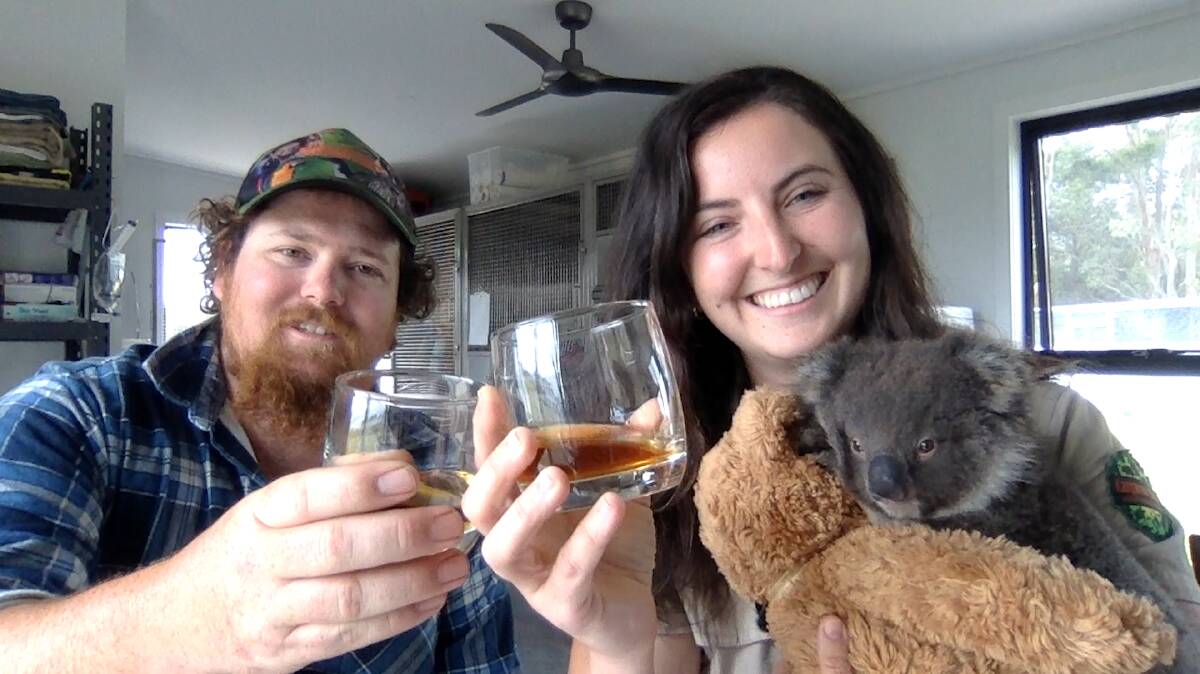 WILDLIFE CHEERS: Wild Turkey With Thanks Local Legends, Sam and Dana Mitchell from the Kangaroo Island Wildlife Park share a glass of wild turkey on the video call with Matthew McConaughey. Photo supplied