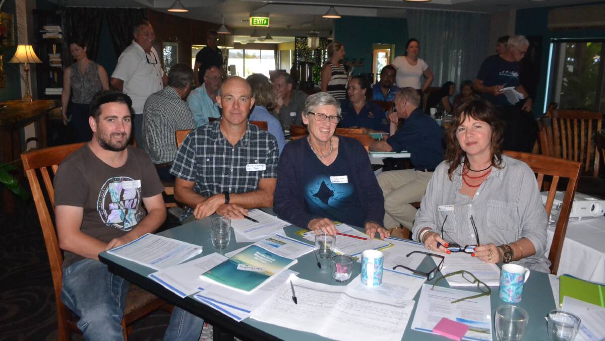 NAROOMA WORKSHOP: At the NSW Marine Estate workshop at Narooma are commercial fisherman Douglas Rose, abalone diver Stephen Bunney, conservationist Jane Elek from the Nature Coast Marine Group and Bega Valley Shire councillor Jo Dodds.