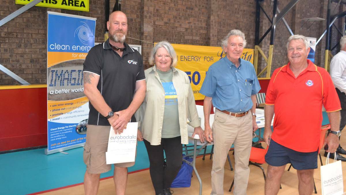 CLEAN ENERGY: Batemans Bay Surf Life Saving Club president Colin Knight and vice president Ken Bellett with Clean Energy for Eternty representatives Prue Kelly and Bill Southwood at the recent Narooma Renewable Energy Expo. 