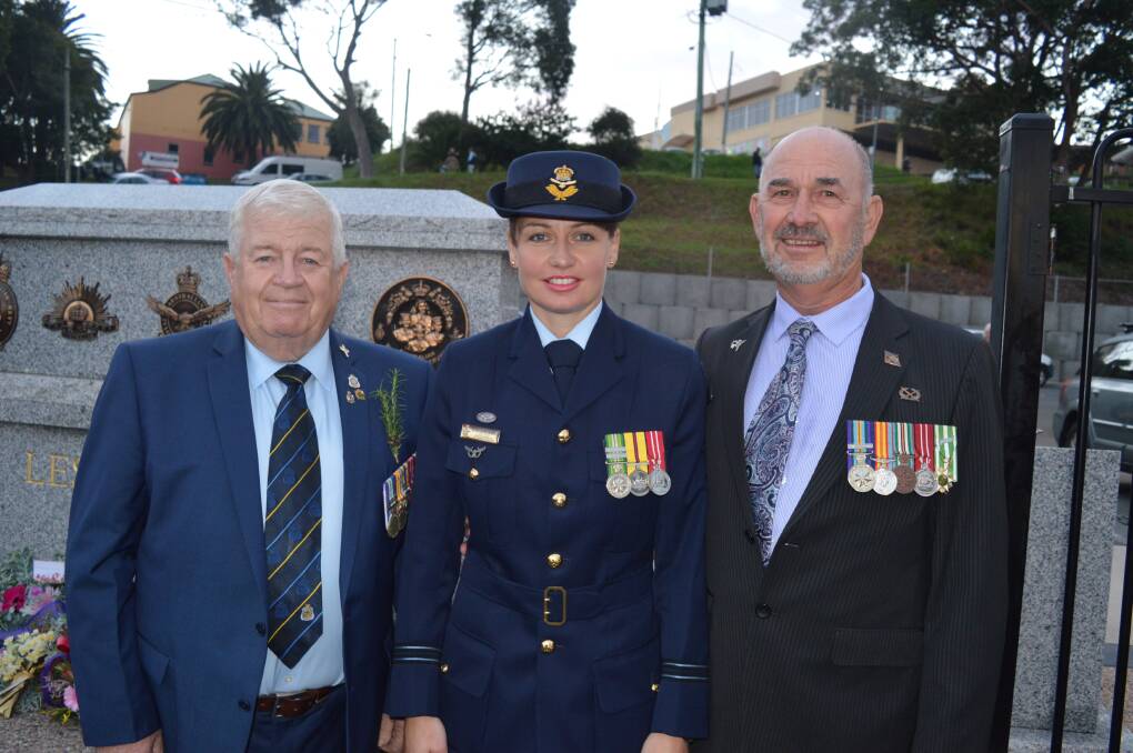 Narooma RSL Sub-Branch president, Paul Naylor with special guest Kate Harry and her father Geoff Harry of Canberra following the Narooma Anzac Day Dawn Service.
