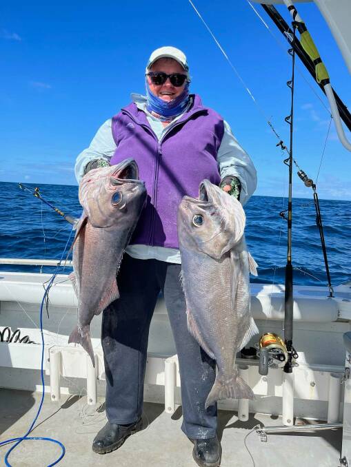Heather Sutterby of Tura Beach showing a lovely pair of blue-eye trevalla taken at 250m on the edge of the Continental Shelf.