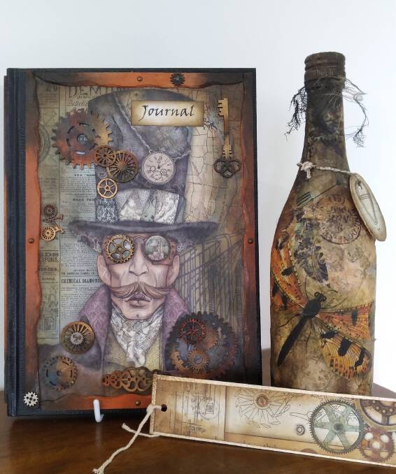 Students enrolled in the Steampunk workshop will upcycle a bottle, and make their own journal and bookmark.