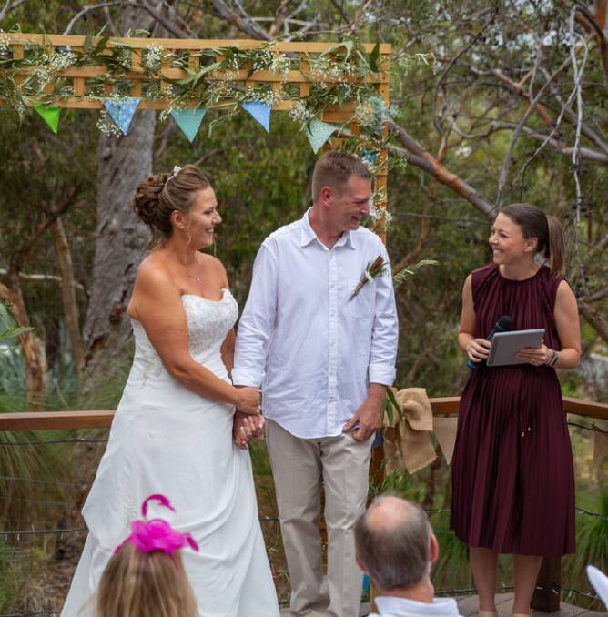 SYNCHRONICITY: Celebrant Gemma Dingle (right) officiated the wedding of Tanya Whitehurst to Mark. Now the two women are going into business together. Photo: Supplied.