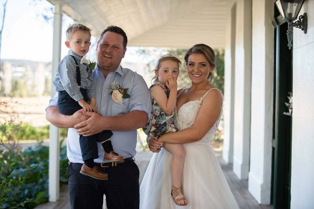 Mandy and Todd Heffernan and their children Lenny and Layla on their wedding day and (below) with House Rules alumni. Photo: Rachael M Photography