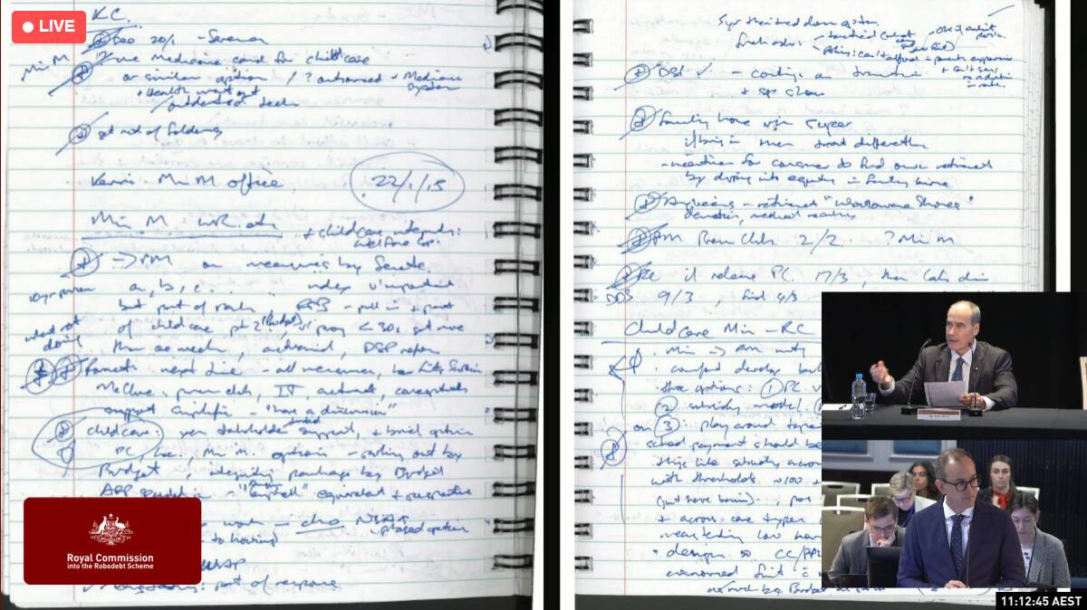 Finn Pratt, giving evidence as the royal commission, went through his notes that he "vainly" hoped would not be made public due to his illegible handwriting. Picture screenshot Finn Pratt, giving evidence as the royal commission, went through his notes that he "vainly" hoped would not be made public due to his illegible handwriting. Picture screenshot