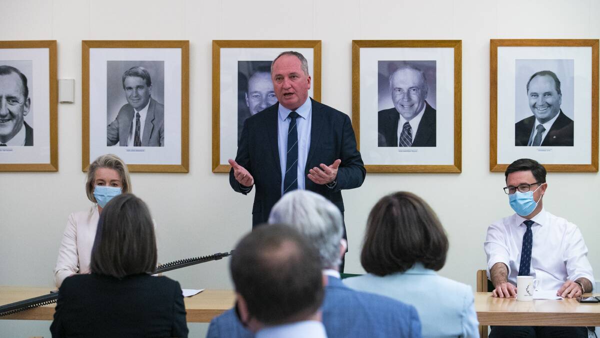 Deputy Prime Minister and Nationals leader Barnaby Joyce (centre), Agriculture Minister David Littleproud (right) and Senator Bridget McKenzie in the Nationals party room earlier this year. Picture: Keegan Carroll