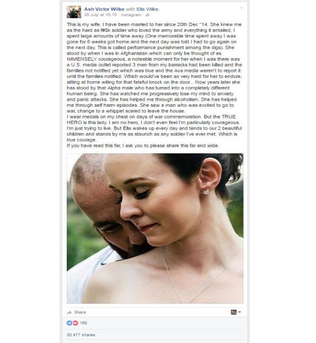 TRIBUTE: Ash Wilke's post to wife Ella has gone viral on Facebook with over 30,000 shares.