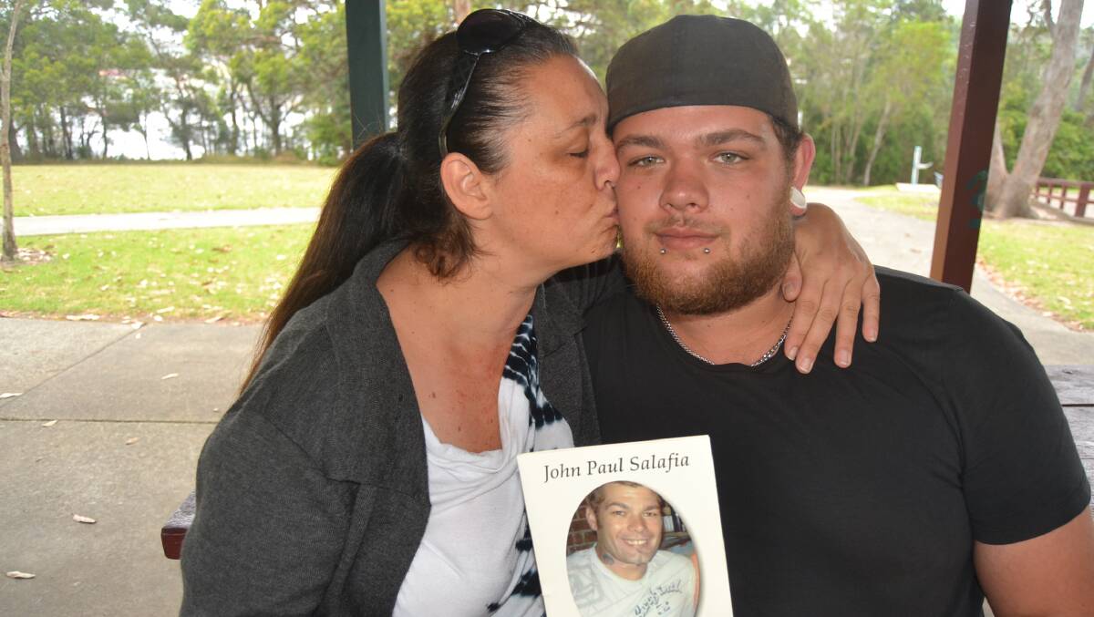 Former partner Carly Stewart with eldest son Dylan Salafia, appealing for leads in the murder earlier in the year.