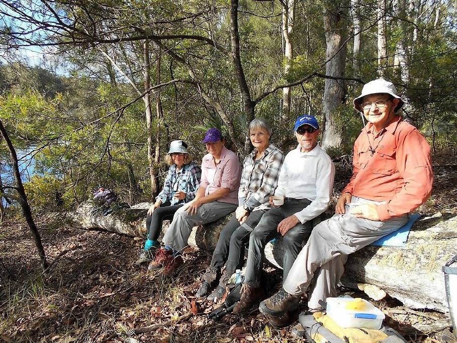 Walkers beside the Clyde River at lunch time. From left, Narelle Spees, Donna Garten, Cindy Chipchase, Peter Hunt, Barry Keeley.
