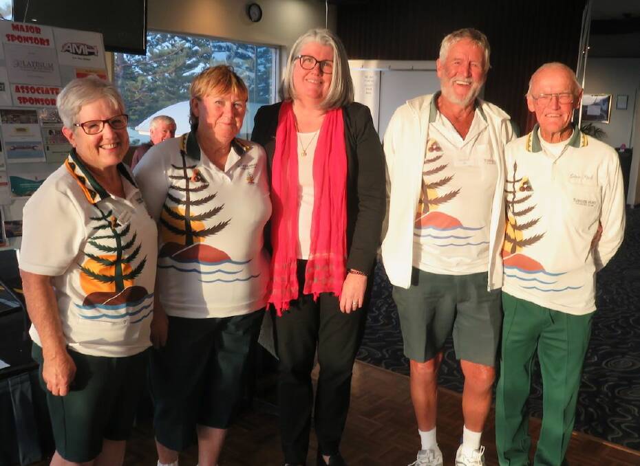 Tuross Head: Medley Winners Marg Downey Chris Roxby, Jim Macklan and Stan Peck with Marlise Woodford from Hallmark Real Estate.