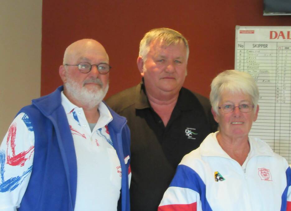 Dalmeny Men's Bowls: Sunday's mixed pairs winners Garry Lavis, NSSC committee member Illya Naumoski and Olwyn Mayer.