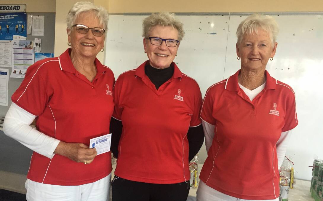 Narooma Ladies Golf: Captains Day winners Sylvia Donohoe and Di Wilkes with Captain Chris Fader.