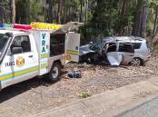 A man is in hospital after his Mitsubishi Outlander crashed into a tree near Bodalla. Image: Narooma Volunteer Rescue Association