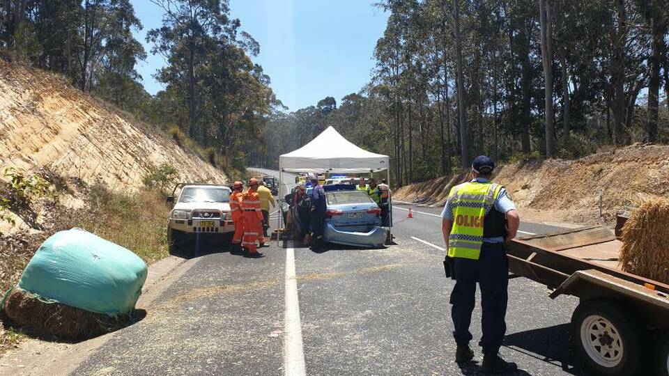 A woman was taken to Moruya Hospital after a two-car crash at Bimbimbie. Picture: Moruya Fire and Rescue.
