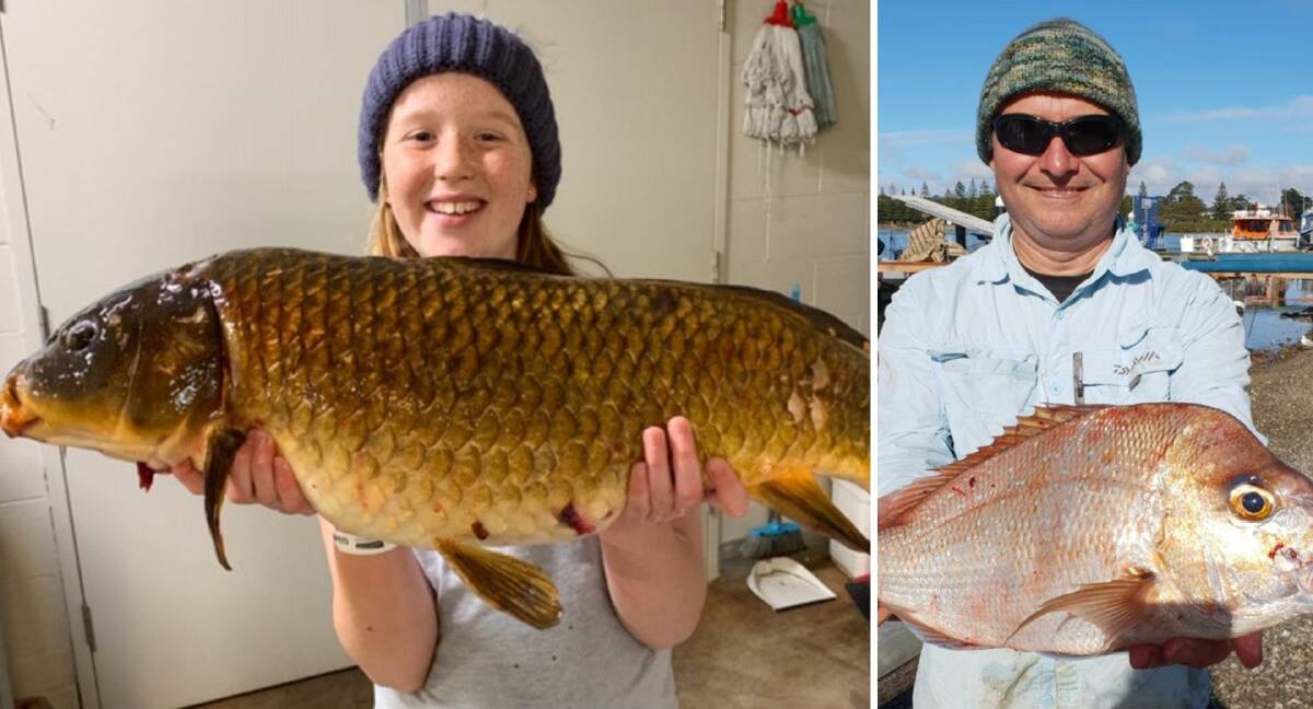 BLIMEY!: Narooma Sport and Gamefishing junior club member, Cassidy James, with an 84 cm and 10kg plus European Carp, and club member Mick Ovington holding a great looking snapper.