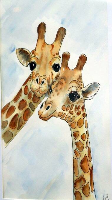The watercolour painting, "Giraffe Friends", by Margi O'Connor, is part of a rotating art display at the Narooma Library by local MACS artists.
