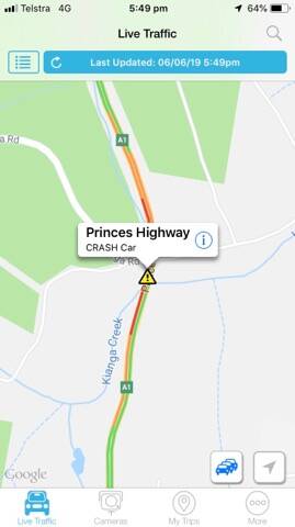 Live Traffic NSW said traffic was affected in both directions and advised to use caution and reduce speed on the Princes Highway near Kianga Creek, Kianga.