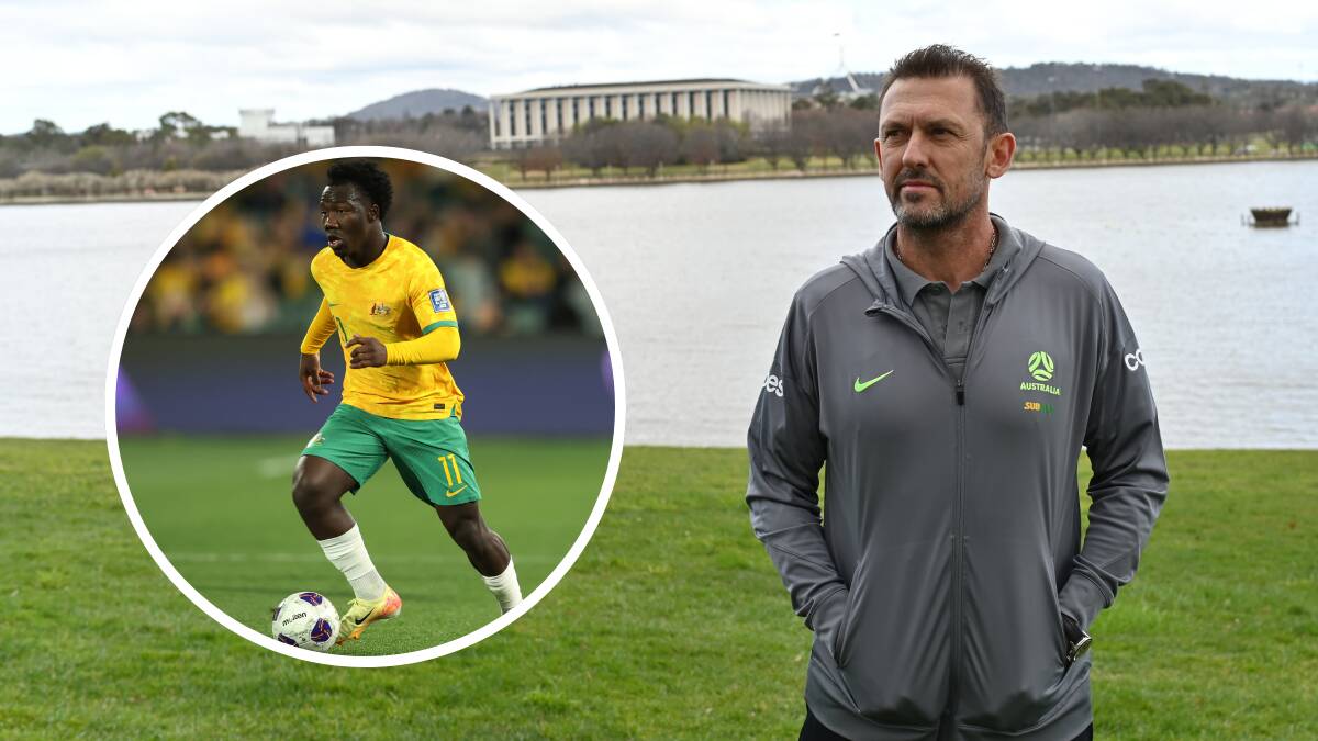 Socceroos coach Tony Popovic is excited to see what Nestory Irankunda (inset) can produce in Canbera. Pictures Getty Images, supplied