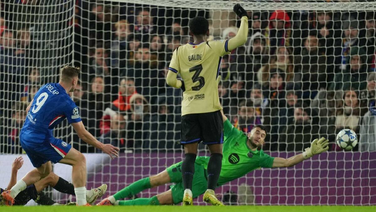Chelsea's Liam Delap slots the ball past Barcelona goalkeeper Joan Garcia. (AP PHOTO)