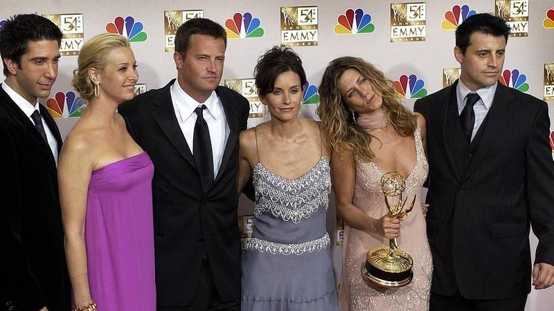 Friends' stars pay tribute to cast mate Matthew Perry (third from left). Picture by AP PHOTO