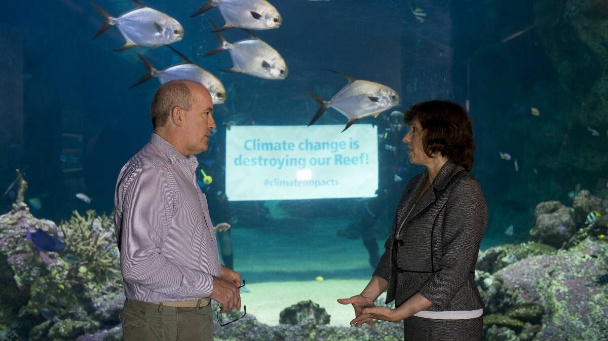 LEAD AUTHORS: Two Australian lead authors in the IPCC report, Professor Ove Hoegh-Guldburg and Lesley Hughes presenting the key findings in front of the world’s largest Great Barrier Reef Exhibit at SEA LIFE Sydney Aquarium. 