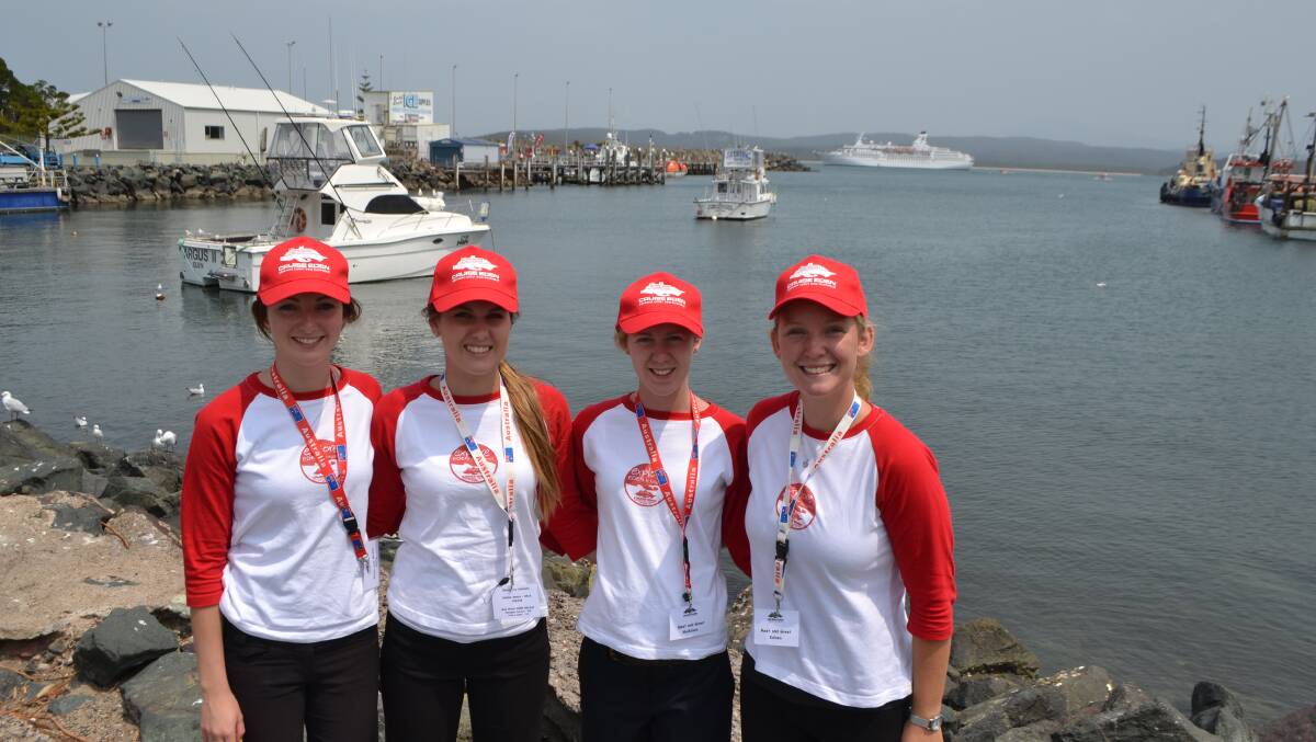 TOURISM STUDENTS: Abbey Tarlinton, Haidee Galeano, Madison Darcy and Kelsea Tarlinton prepare to board the cruise ship Astor anchored out in Twofold Bay. 