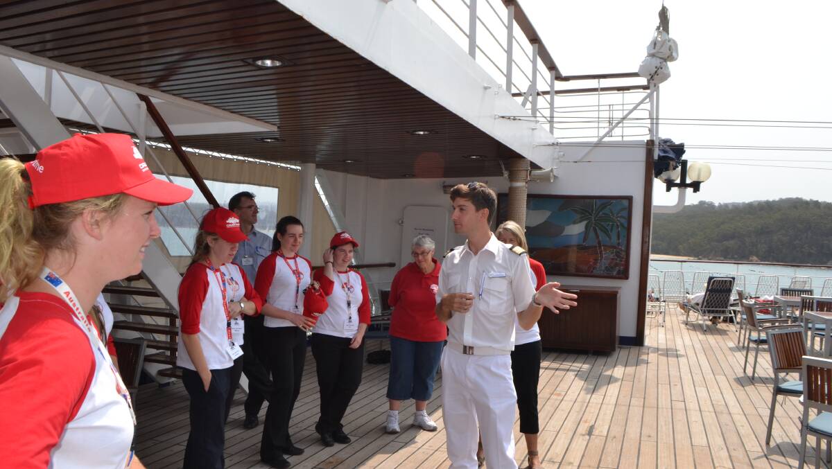 LEARNING THE ROPES: The cruise ship MV Astor’s customer service manager Chris White gave the Bega TAFE Tourism students a tour of his ship. 