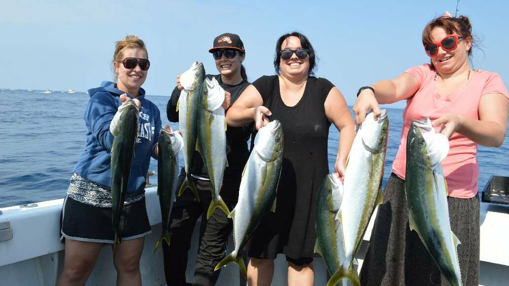 GIRL CATCH: Imagine, Bec, Effie and Vanessa from Canberra on a girls weekend away proved that the boys don’t have all the fun enjoying a great kingfish bite last Sunday with Wazza and Simon of Lighthouse Charters. 