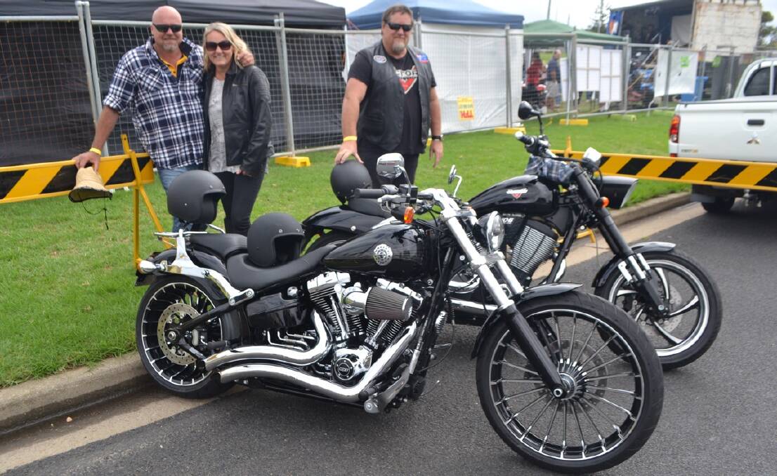 NAROOMA LOCALS: Paul Stevenson and Summer Fisher drove their Harley-Davidson Breakout to the show while Russell Clark drove his Victory Hammer 8-Ball V-twin. 