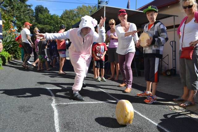 
CHEESE ROLLER: Jamie Hackett in his pink cat costume rolls the cheese at the ABC Cheese Factory at the Tilba Festival on Easter Saturday.
